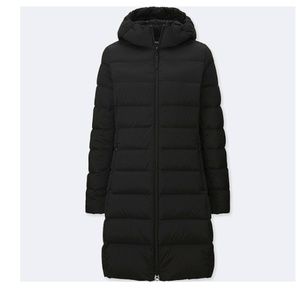 BLACK DOWN STRETCH HOODED COAT